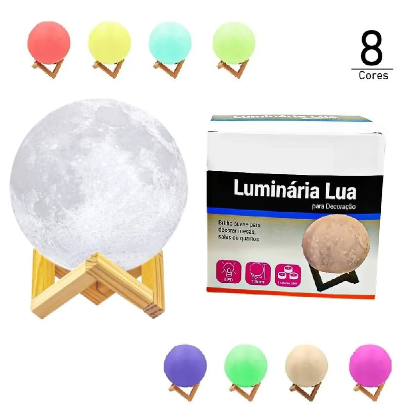 Luminária Para Quarto Lua Cheia 3d Abajur Led 7 Cores